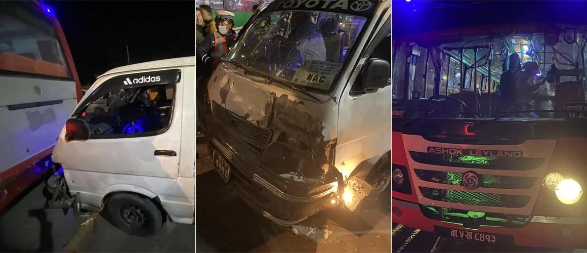 काठमाडौँ मल अगाडि माइक्रो बसले ठक्कर दिँदा ६ जना घाइते