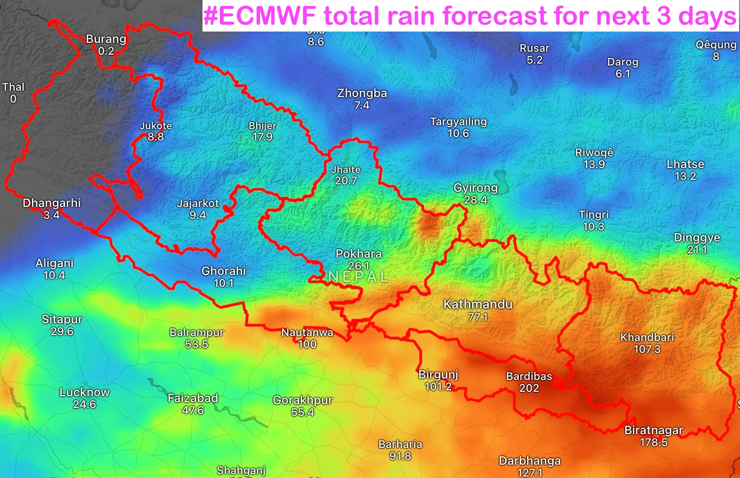 मोन्था चक्रवातः काठमाडौंमा २४, मधेस–कोशीमा ३६ घन्टासम्म वर्षाको अनुमान