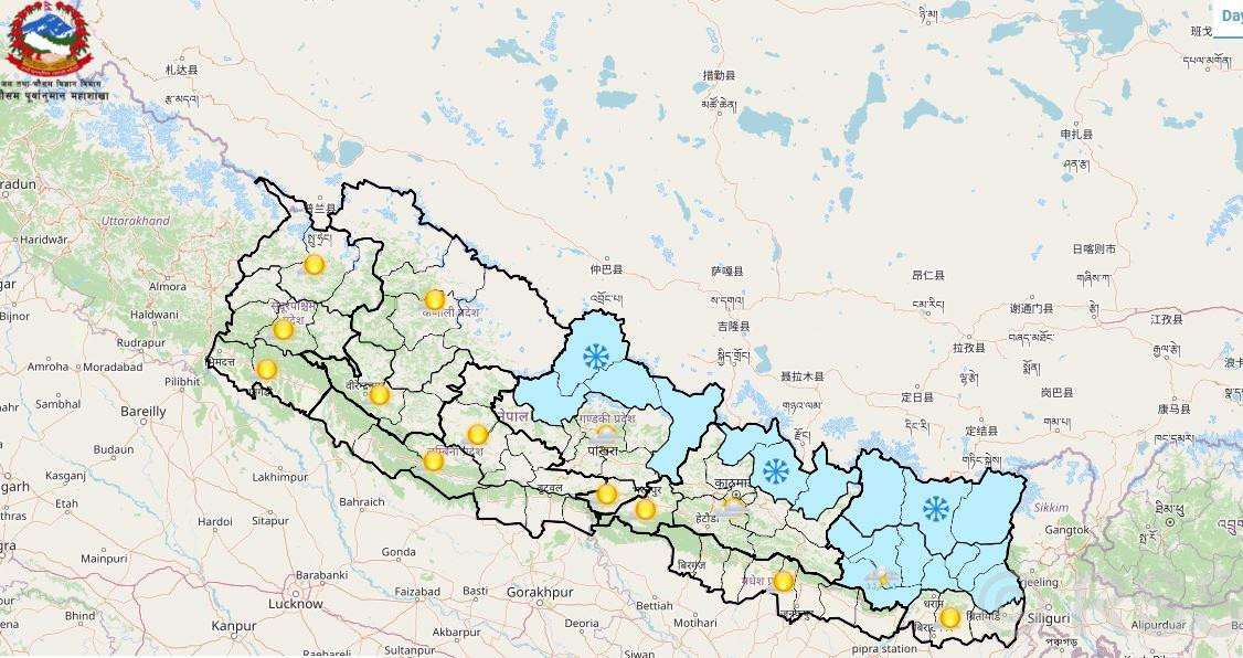 पश्चिमी  वायुको प्रभाव कायमै रहेकाले केही पहाडी तथा हिमाली क्षेत्रमा हल्का वर्षाको सम्भावना